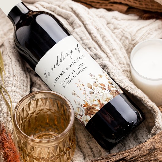 Rustic Autumn Floral Meadow Wedding Weinetikett