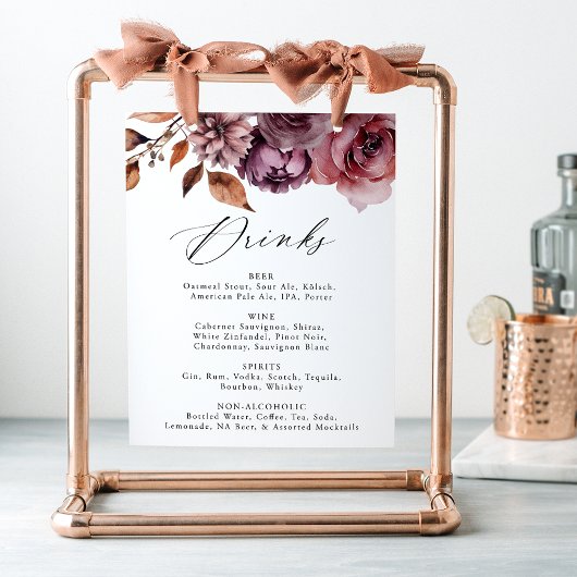 Rustic Autumn Floral Wedding Drink Menu Sign Poster