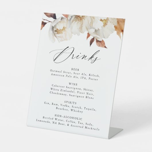 Rustic Autumn Floral Wedding Drink Menu Sockelschild (Vorderseite)