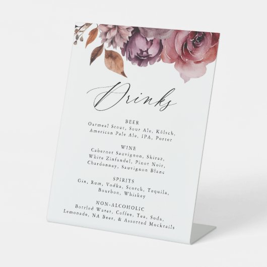 Rustic Autumn Floral Wedding Drink Menu Sockelschild (Vorderseite)