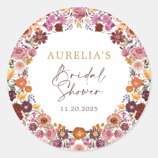 Rustic Autumn Floral Wreath Bridal Shower Runder Aufkleber (Vorderseite)