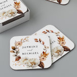 Rustic Autumn Floral Wreath Wedding Rechteckiger Pappuntersetzer<br><div class="desc">Elegant fall floral wedding coasters featuring your names encircled by wreath of watercolor flowers and foliage in shades of ivory, cream, brown, and orange. The boho autumn floral wedding coasters are perfect for your wedding reception, rehearsal dinner, engagement party, couples shower, etc. The design coordinates with our Rustic Autumn Floral...</div>