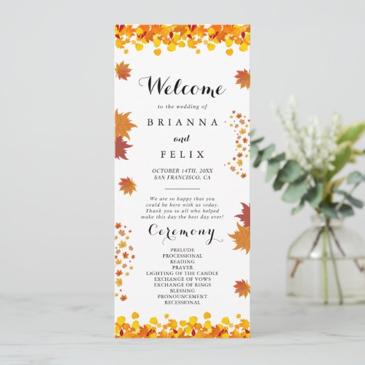 Rustic Autumn Leaves Wedding Programm (Stehend Vorderseite)