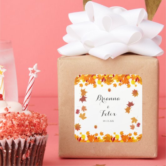 Rustic Autumn Leaves Wedding Quadratischer Aufkleber (Party)
