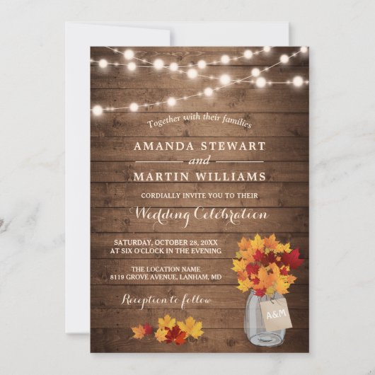 Rustic Autumn Maple Leaves String Lights Wedding Einladung (Vorderseite)
