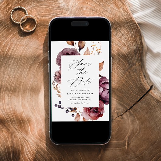 Rustic Autumn Marsala Floral Frame Wedding Save The Date