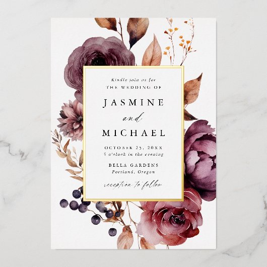 Rustic Autumn Marsala Floral Wedding Folieneinladung (Vorderseite)