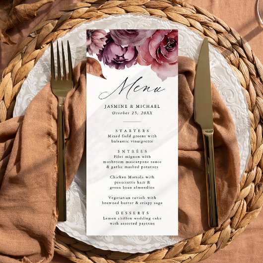 Rustic Autumn Marsala Floral Wedding Menükarte
