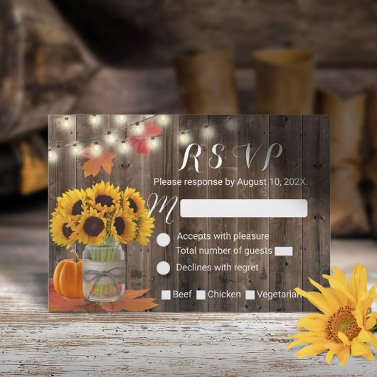 Rustic Autumn Sunflower Jar Pumpkin Wedding RSVP Karte