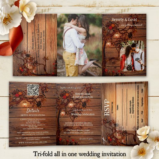Rustic Autumn Tree Photo Wedding  Dreifach Gefaltete Einladung