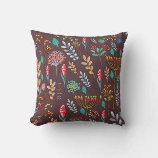 Rustic Autumn Wildflower Meadow on Chocolate Brown Kissen