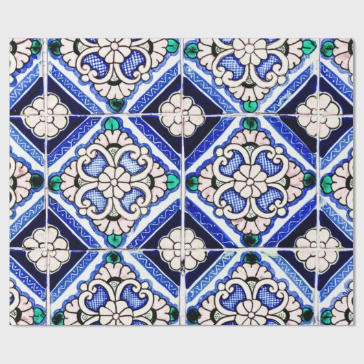 Rustic Azulejo Spanisches Muster Tiles Navy White Geschenkpapier (Flach)