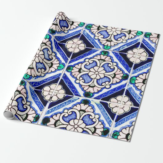 Rustic Azulejo Spanisches Muster Tiles Navy White Geschenkpapier (Ungerollt)