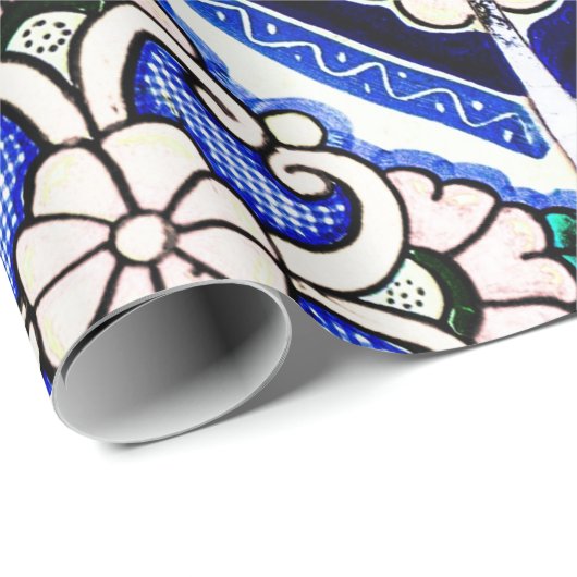 Rustic Azulejo Spanisches Muster Tiles Navy White Geschenkpapier (Rolleneckpunkt)