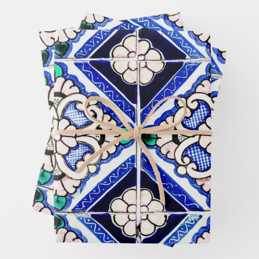 Rustic Azulejo Spanisches Muster Tiles Navy White Geschenkpapier Set (Beispiel)
