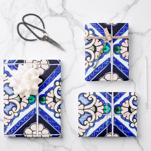 Rustic Azulejo Spanisches Muster Tiles Navy White Geschenkpapier Set (Vorderseite)