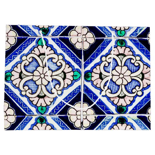 Rustic Azulejo Spanisches Muster Tiles Navy White Große Geschenktüte (Rückseite)