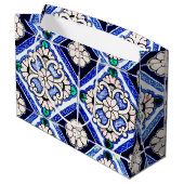 Rustic Azulejo Spanisches Muster Tiles Navy White Große Geschenktüte (Rückseite Schrägansicht)