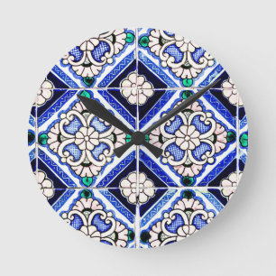 Rustic Azulejo Spanisches Muster Tiles Navy White Runde Wanduhr