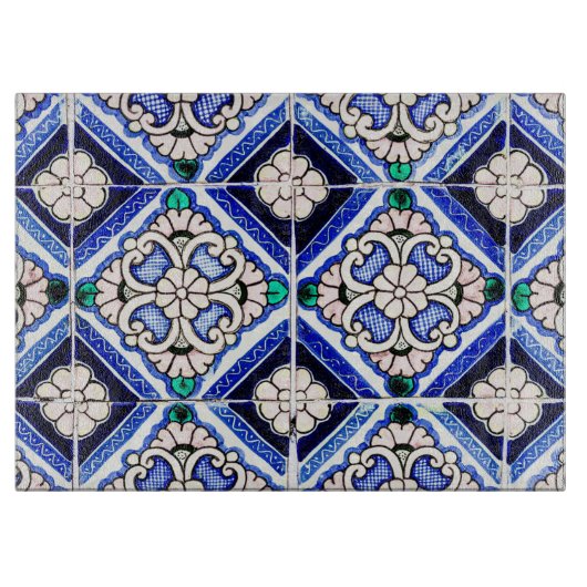 Rustic Azulejo Spanisches Muster Tiles Navy White Schneidebrett (Vorderseite)