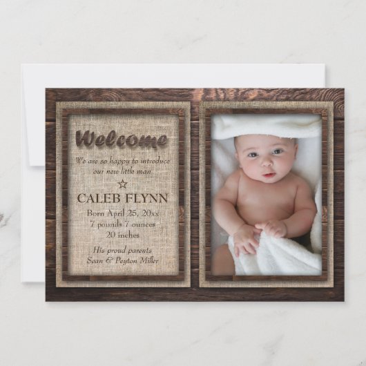Rustic Baby Boy Custom Foto Geburtsankündigung Ankündigung (Vorderseite)