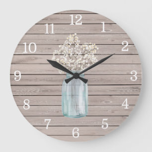 Rustic Baby Breath Mason Jar Clock Große Wanduhr