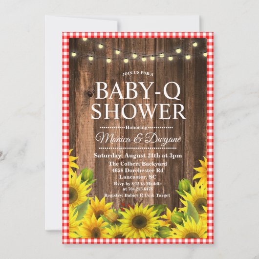Rustic Baby Q Dusche GRILLEN Sonnenblume Einladung (Vorderseite)