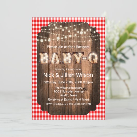 Rustic Baby Q GRILLEN Baby Shower Einladung (Stehend Vorderseite)