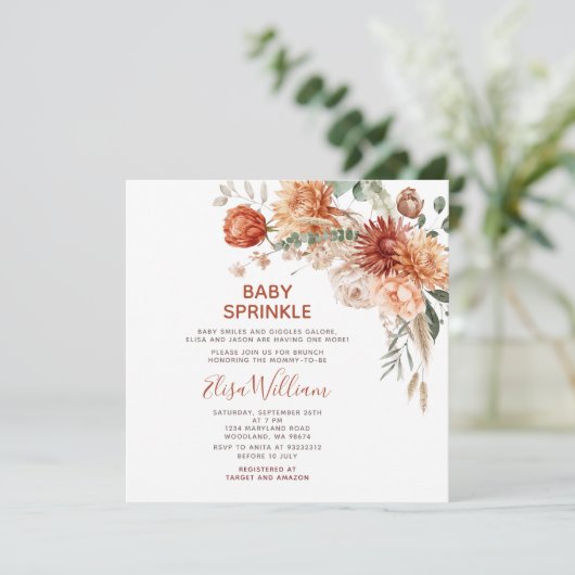 Rustic Baby Sprinkle Orange Wildblume Babydusche Einladung (Stehend Vorderseite)