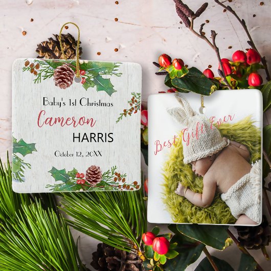 Rustic Baby's 1. Weihnachts-Meilenstein-Foto Keramikornament