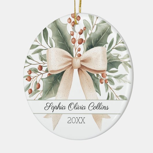 Rustic Baby's 1. Weihnachts Wasserfarbe Beige Bow Keramik Ornament (Links)