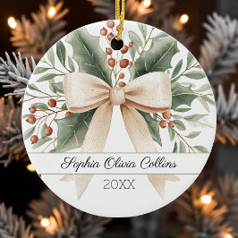 Rustic Baby's 1. Weihnachts Wasserfarbe Beige Bow Keramik Ornament