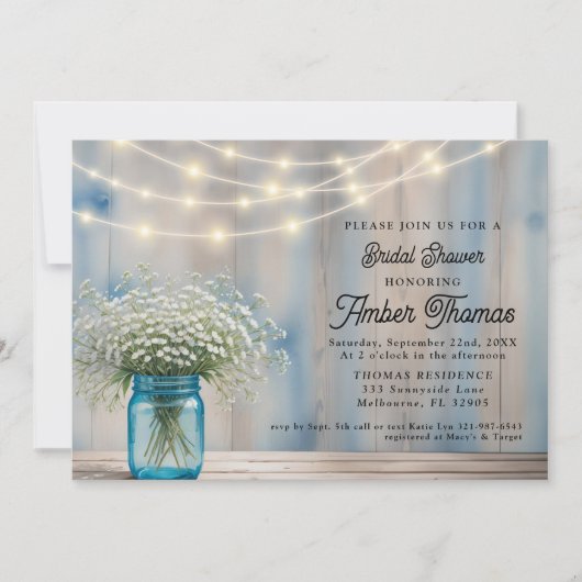 Rustic Baby's Atem Mason Jar Brautparty Einladung (Vorderseite)
