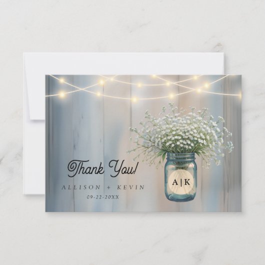 Rustic Baby's Breath Mason Jar Wedding Dankeskarte (Vorderseite)