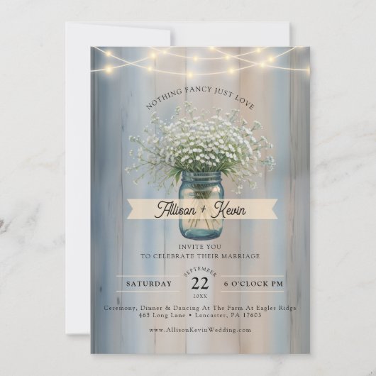 Rustic Baby's Breath Mason Jar Wedding Einladung (Vorderseite)