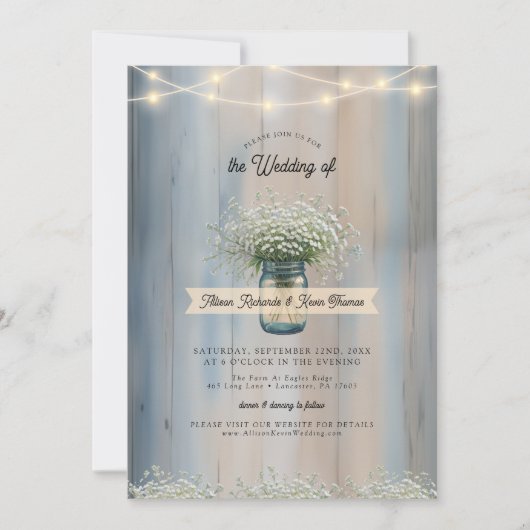 Rustic Baby's Breath Mason Jar Wedding Einladung (Vorderseite)