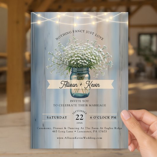 Rustic Baby's Breath Mason Jar Wedding Einladung