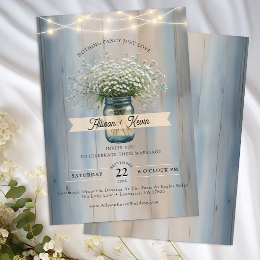 Rustic Baby's Breath Mason Jar Wedding Einladung