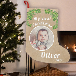 Rustic Baby's First Christmas Baby Foto Kleiner Weihnachtsstrumpf