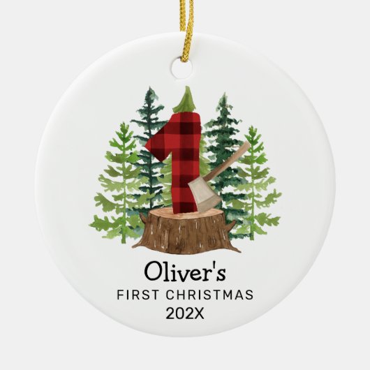 Rustic Baby's First Christmas Foto Keramik Ornament (Vorne)