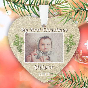 Rustic Baby's First Christmas Foto Ornament