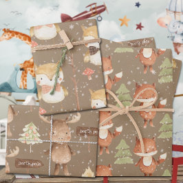 Rustic Baby's First Christmas Fox Owl & Moose Geschenkpapier Set