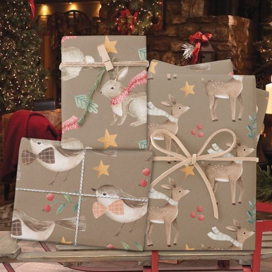 Rustic Baby's First Christmas Rentier Bunny Bird Geschenkpapier Set
