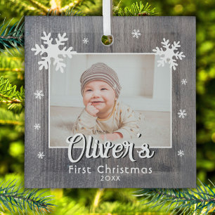 Rustic Baby's First Christmas Wood Snowflake Foto Ornament Aus Glas