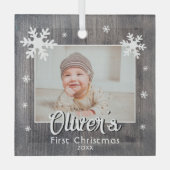 Rustic Baby's First Christmas Wood Snowflake Foto Ornament Aus Glas (Vorderseite)