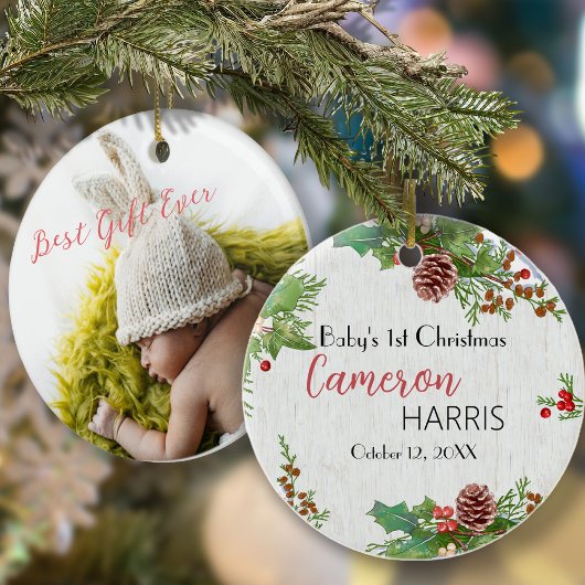 Rustic Baby's Meilenstein 1. Weihnachtsfest Foto Keramik Ornament