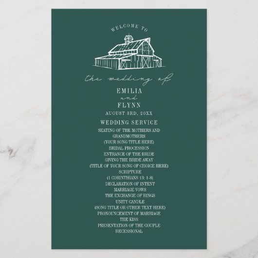 Rustic Barn Emerald Farm Wedding Program (Vorderseite)