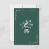 Rustic Barn Emerald Green QR Code Wedding RSVP Karte (Vorderseite)