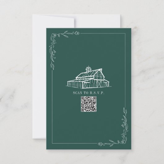 Rustic Barn Emerald Green QR Code Wedding RSVP Karte (Vorderseite)