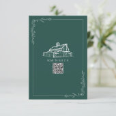 Rustic Barn Emerald Green QR Code Wedding RSVP Karte (Stehend Vorderseite)